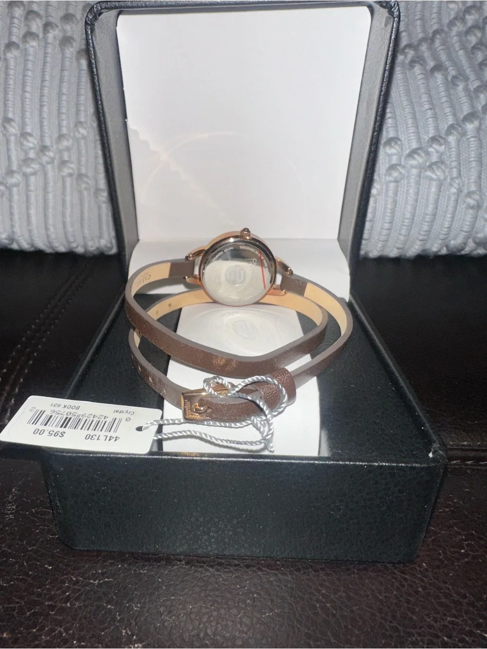 Caravelle New York Women's Brown Leather Double-Wrap Watch with Crystal Accents